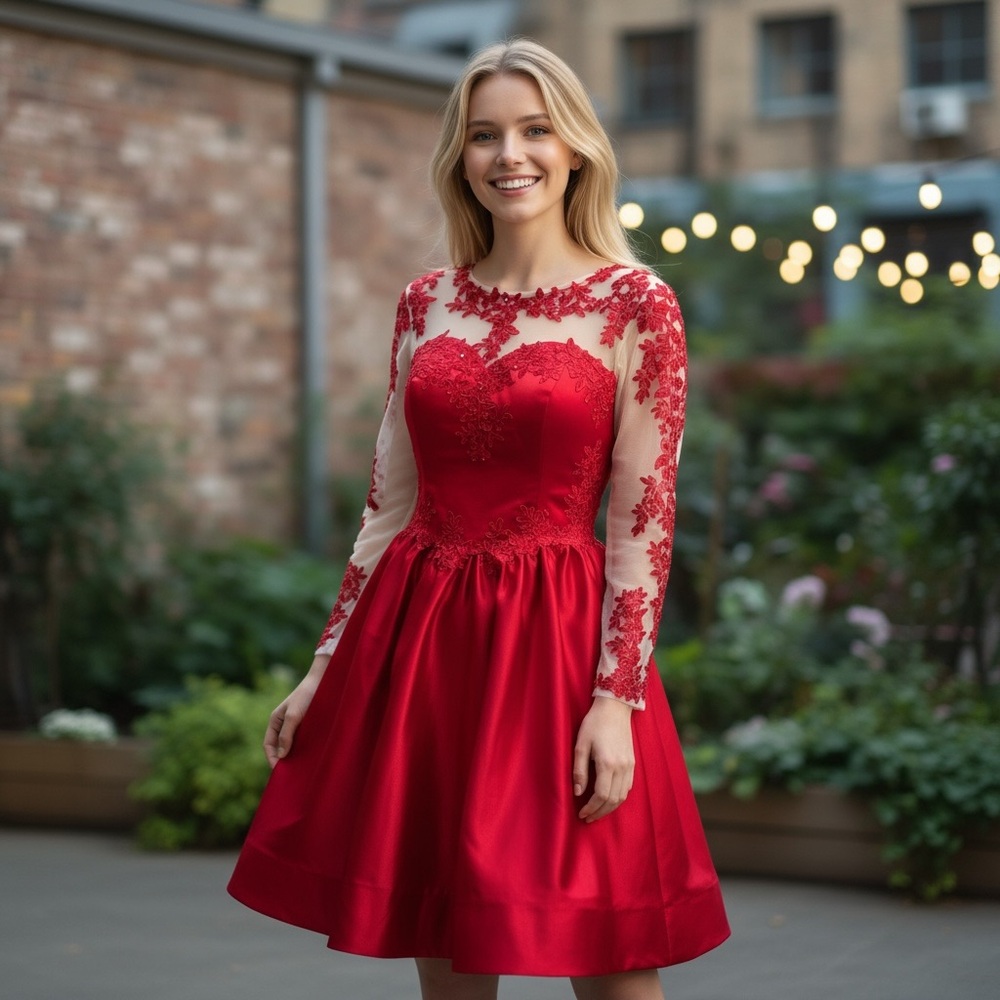 New Women’s Red Satin Dress 36” B. 30” W white size 8